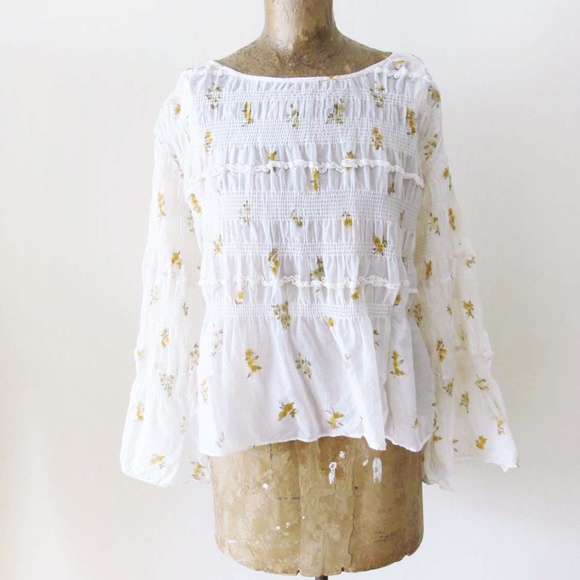 Rebecca Taylor Ines Smocked Top XS Voile Cotton Floral Boho Cottage - Picture 2 of 6